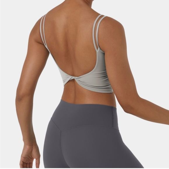 NWT HALARA Yoga Double Strap Backless Twisted Cropped Tank Top, Size S gray - Picture 2 of 9